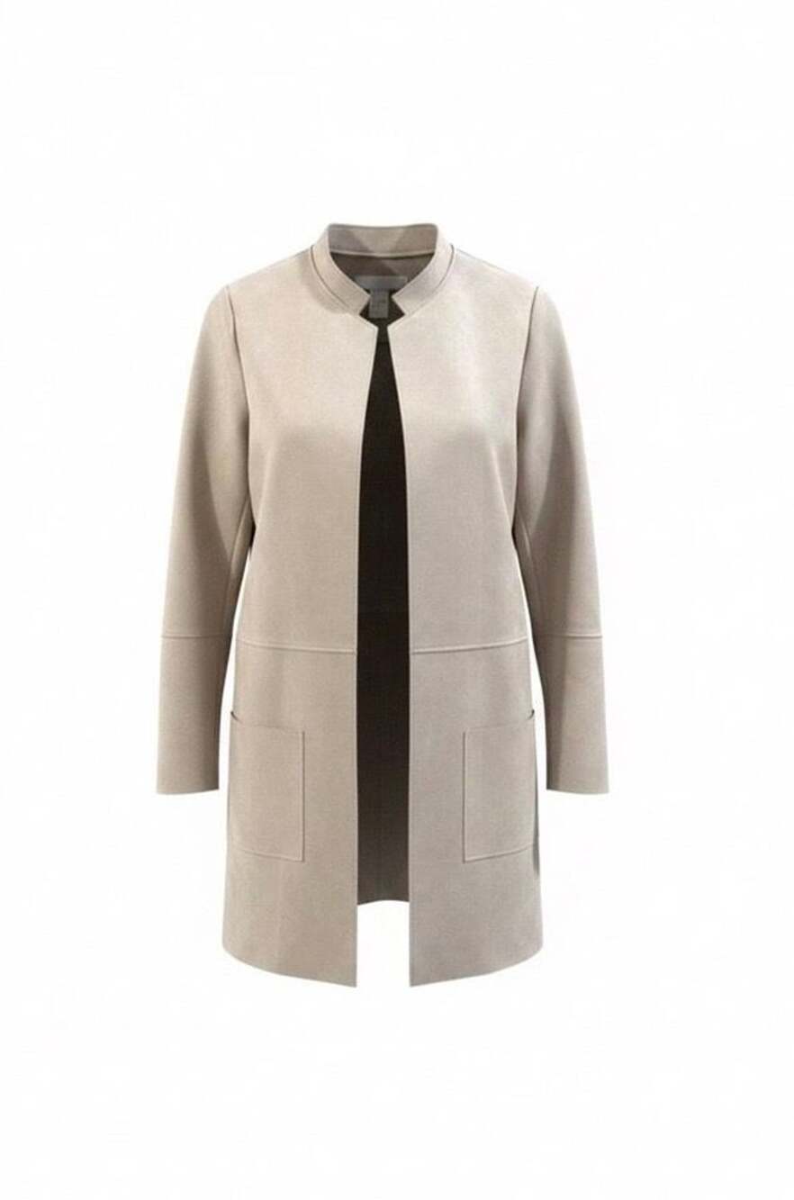 H&M Women’s Size 4 Beige Faux Suede Open Front Longline Jacket Coat Pockets